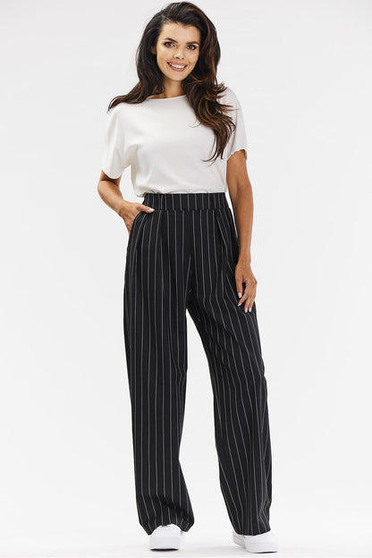Luxury wide-leg trousers for women in grey with white stripe, crafted by Awama. Perfect for both office and casual occasions.