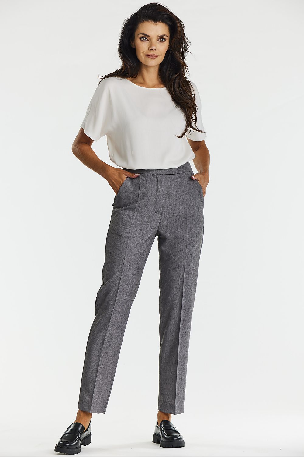 Elegant gray canted cigarette trousers for women by Awama, showcasing a versatile and sophisticated design perfect for formal and casual occasions.