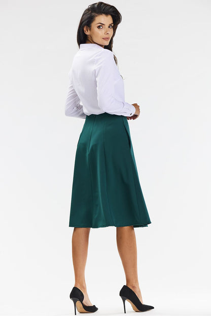 Back view of the elegant flared midi skirt in grey with a hidden zipper by awama, ideal for sophisticated events.