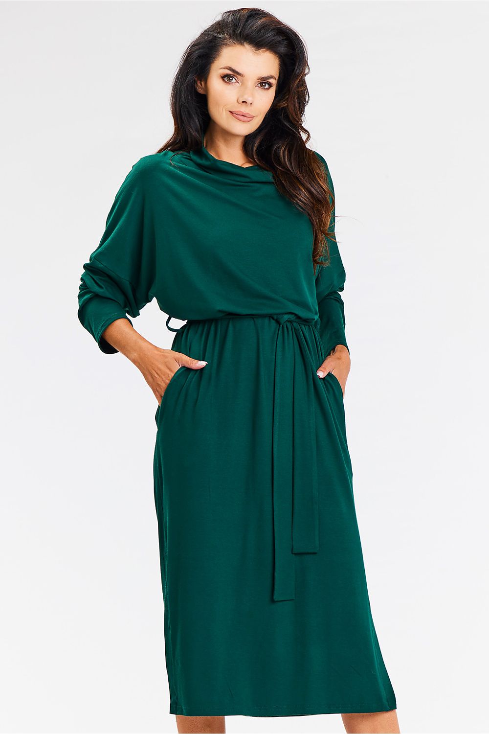 Luxurious green kimono midi dress with turtleneck and long sleeves by awama, crafted from breathable viscose fabric for elegant everyday comfort.