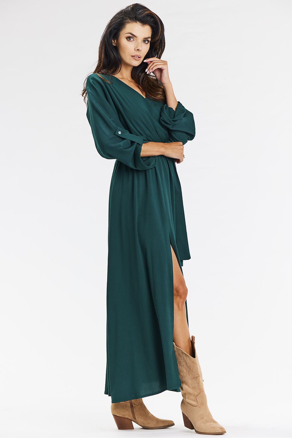Beautifully crafted green maxi dress in a loose envelope style by Awama, featuring an elastic waistband and a graceful silhouette that adds comfort and elegance.