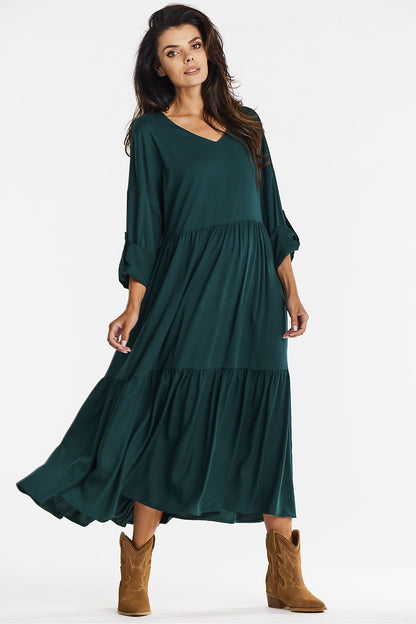 Elegant green kimono maxi dress by awama, crafted in breathable viscose with a ruffle hem, ideal for casual sophistication and everyday elegance.