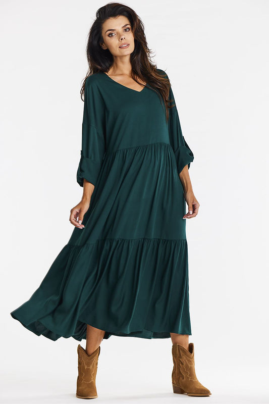 Elegant green kimono maxi dress by awama, crafted in breathable viscose with a ruffle hem, ideal for casual sophistication and everyday elegance.