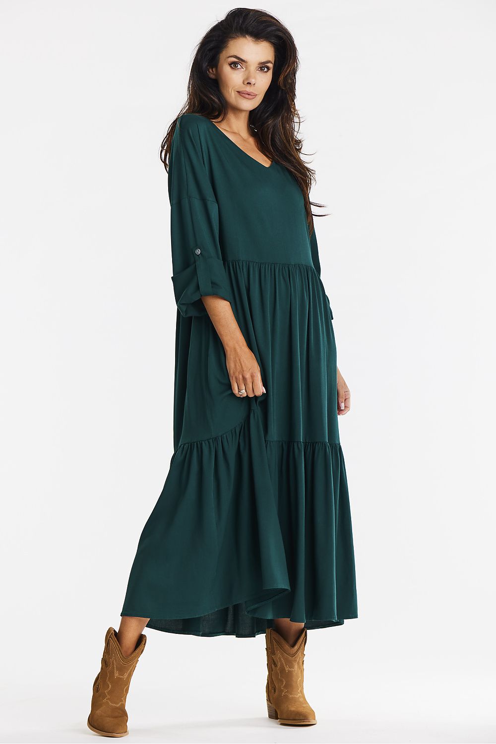 Stylish loose fit green kimono maxi dress from awama, featuring a V neckline and flared ruffle hem, perfect for versatile chic outings.