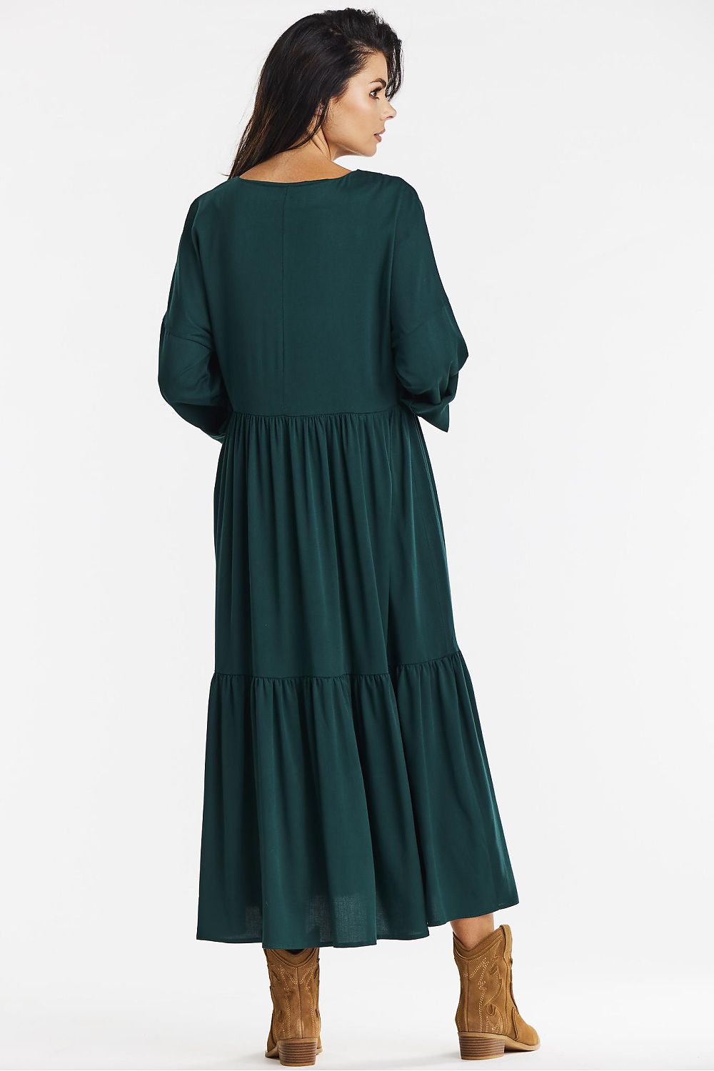Elegant green kimono maxi dress by awama, made from soft viscose with a ruffle hem for a luxurious look.