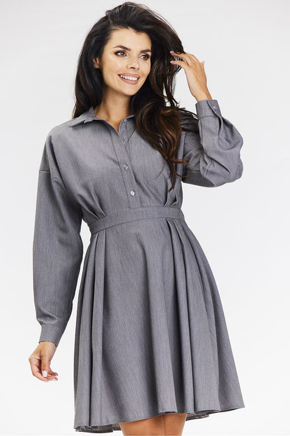 Elegant flared grey shirt dress by awama featuring a stand-up collar, perfect for formal and business occasions.