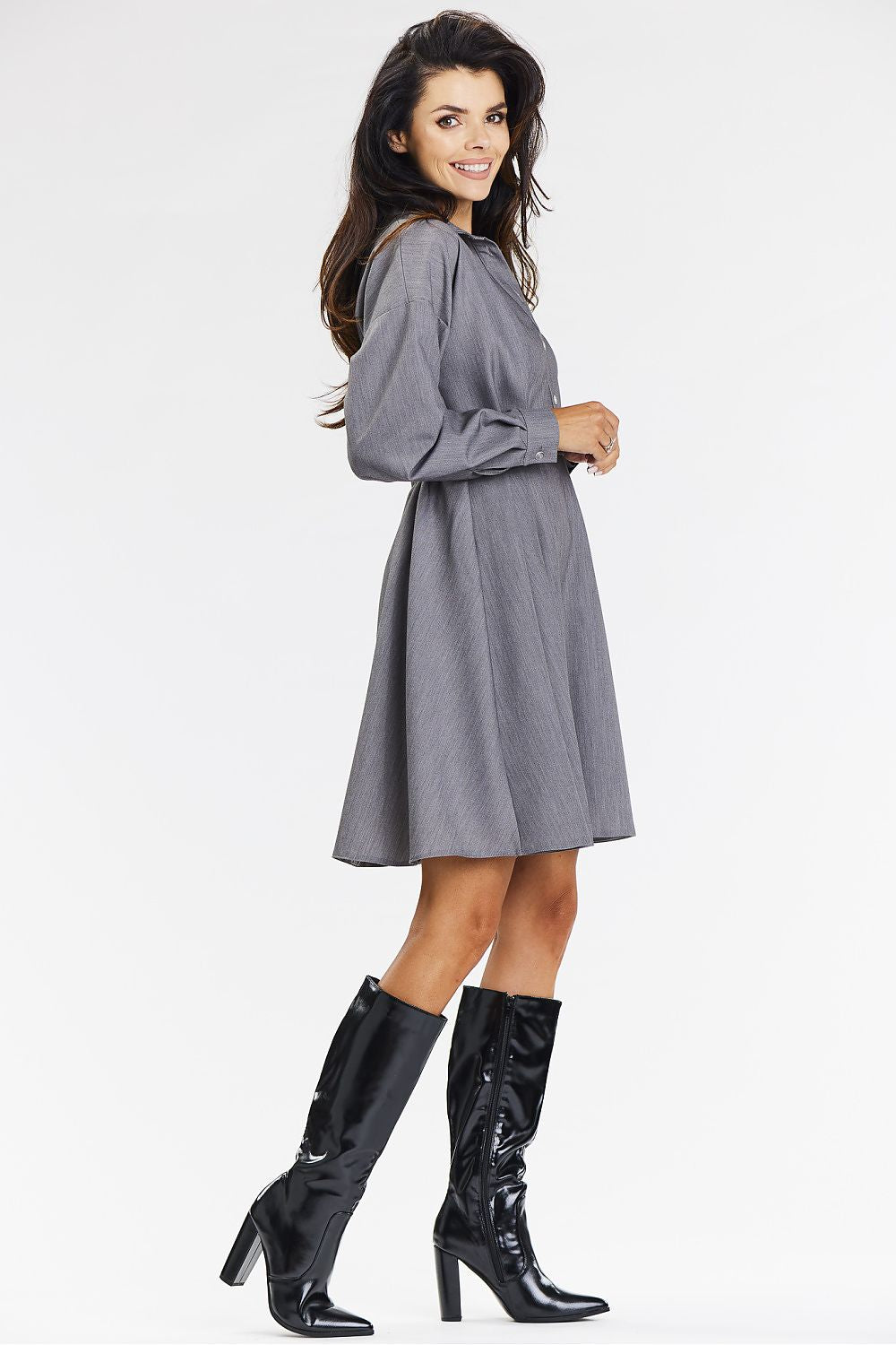 Elegant presentation of the awama grey shirt dress highlighting its versatility for business meetings and formal events.
