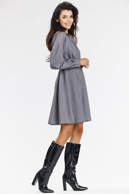 Elegant presentation of the awama grey shirt dress highlighting its versatility for business meetings and formal events.