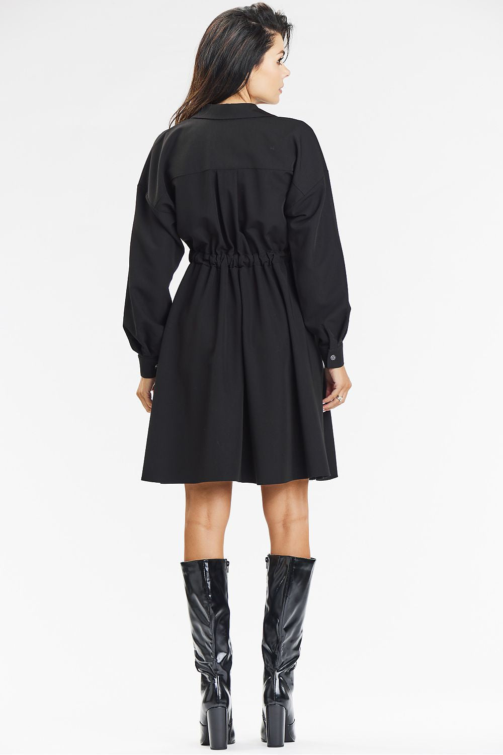 Sophisticated knee-length grey shirt dress from awama, featuring a flared hem and button front closure, designed for stylish women in professional settings.