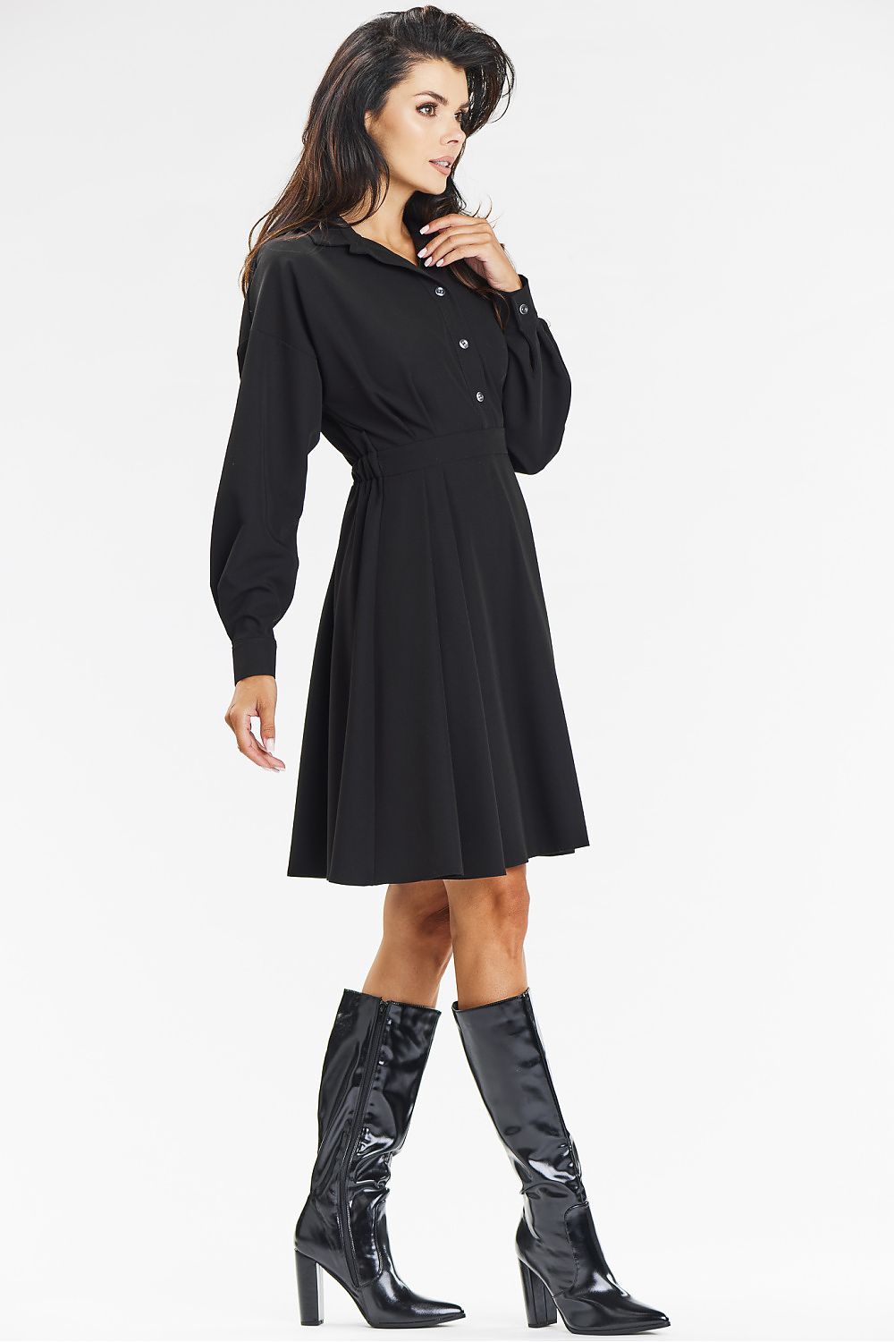 Chic grey shirt dress by awama, perfect for elegant celebrations, highlighting feminine lines and versatile styling options with boots or stilettos.