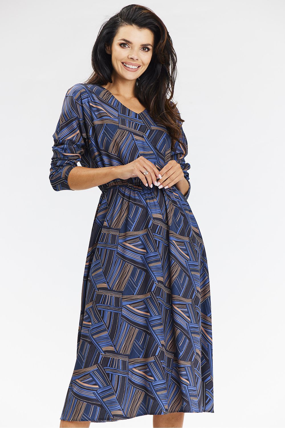 Navy blue and brown kimono midi dress with 3/4 sleeves and elegant V neckline by Awama, showcasing its luxurious flowy hem and sophisticated silhouette.