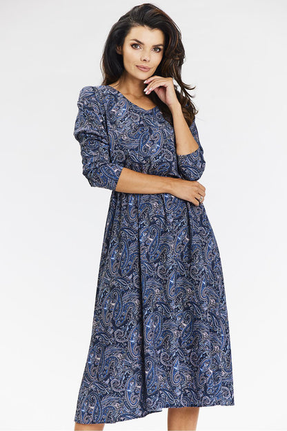 Elegant Navy Blue & Brown Kimono Midi Dress by Awama with 3/4 sleeves, showcasing its flowy hem and V neckline, perfect for sophisticated occasions.