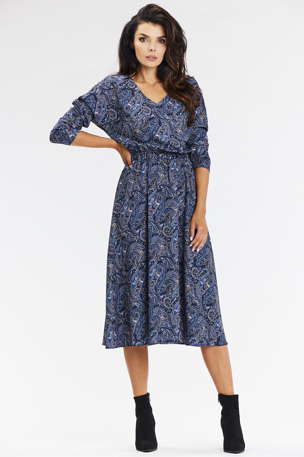 Stylish Awama Kimono Midi Dress in navy blue and brown, featuring long sleeves, a flattering V neckline, and a graceful hem for a chic luxury look.