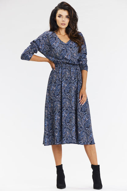 Stylish Awama Kimono Midi Dress in navy blue and brown, featuring long sleeves, a flattering V neckline, and a graceful hem for a chic luxury look.