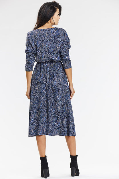 Luxury Kimono Midi Dress by Awama, crafted in navy blue and brown patterns, highlighting the feminine silhouette and versatile design suitable for work or elegant dinners.