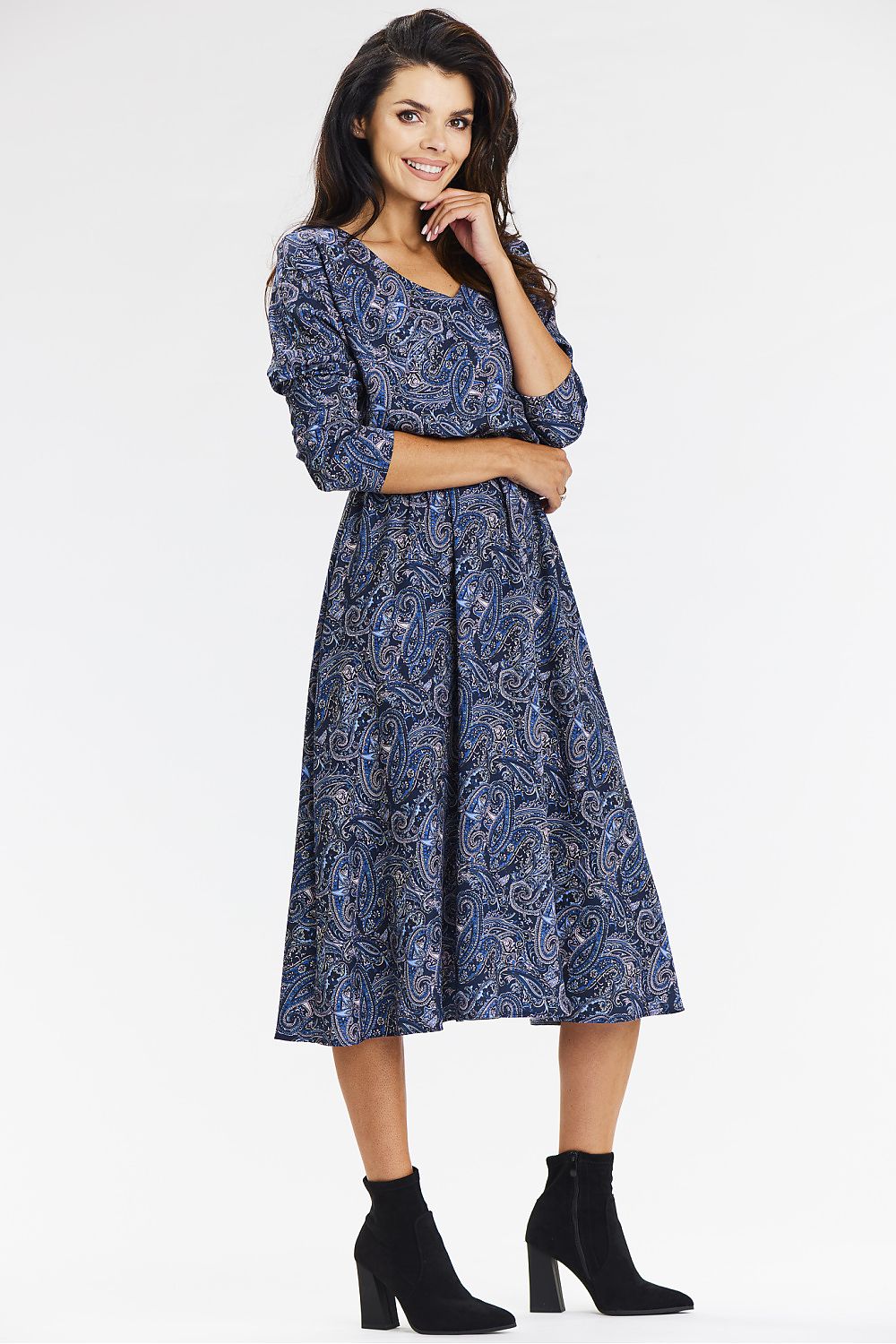 Airy Midi Dress by Awama in navy and brown, elegantly styled with 3/4 sleeves and a flowy hem, ideal for adding sophistication to any wardrobe.