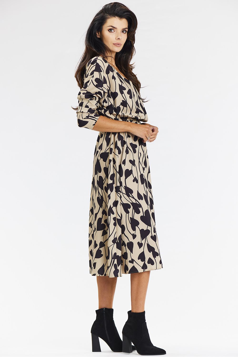 Luxury kimono midi dress by Awama, designed with a feminine silhouette, featuring a V neckline and chic 3/4 rolled sleeves.