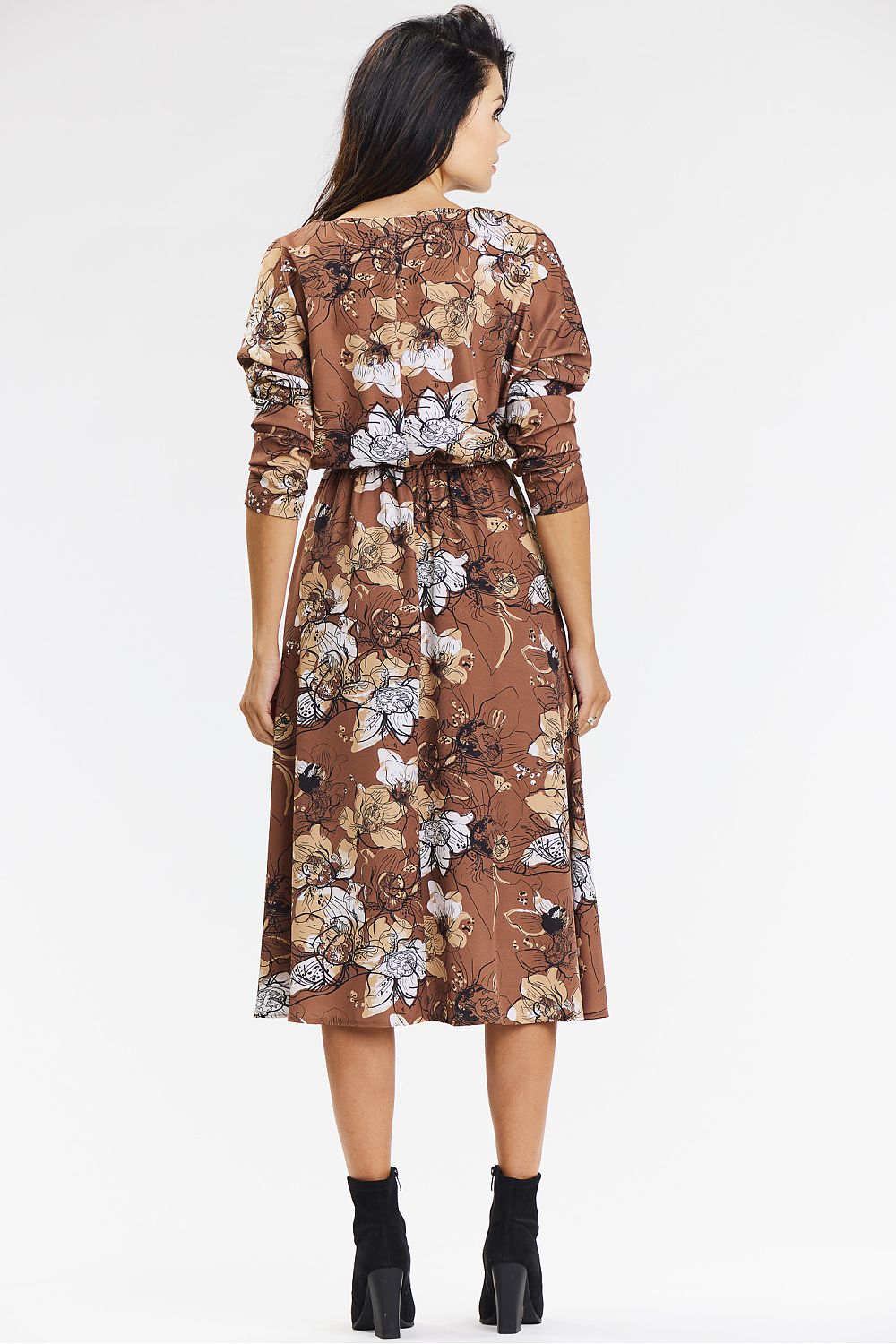 Elegant navy blue and brown kimono midi dress by Awama featuring 3/4 sleeves and a flattering V neckline, perfect for sophisticated occasions.