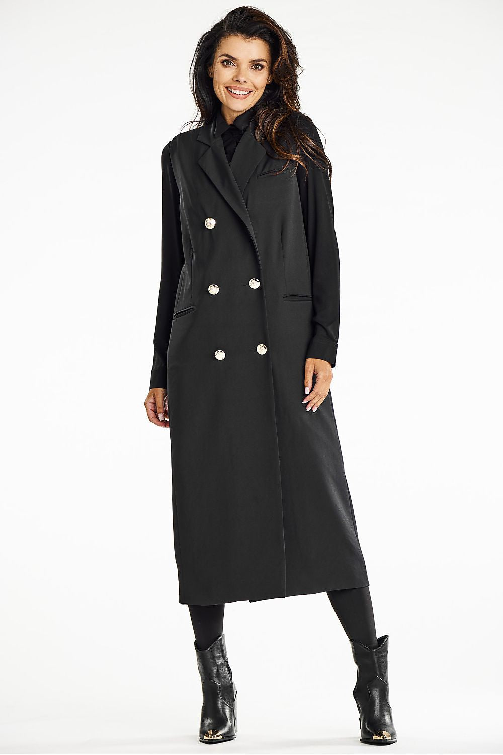 Elegant double-breasted maxi vest by Awama, showcasing a classic modern design with feminine style, perfect for adding sophistication to any outfit.