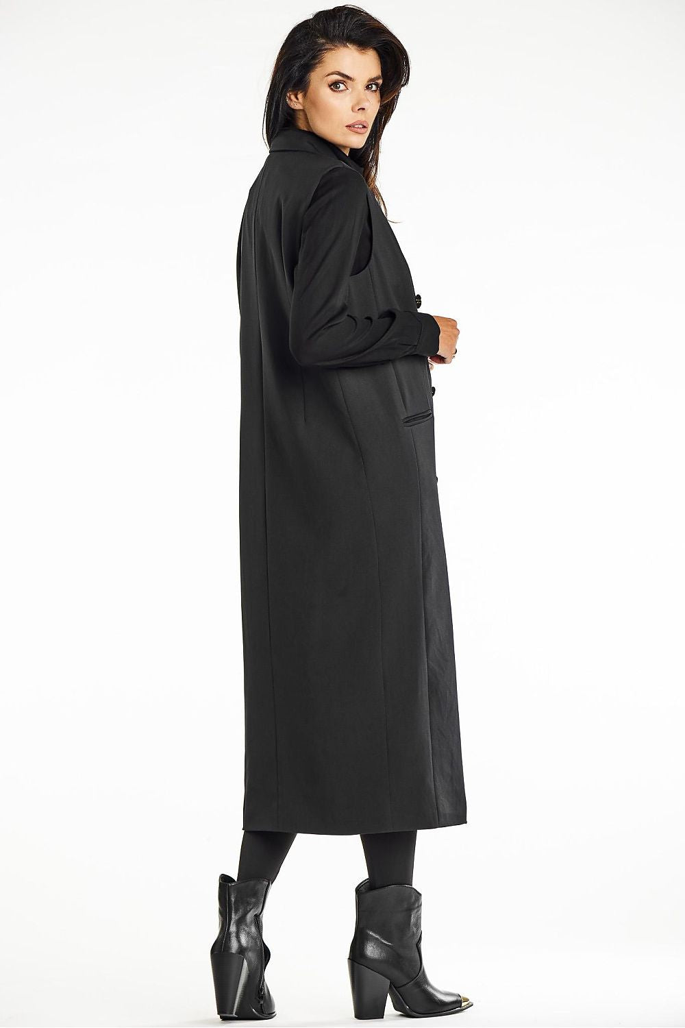 High-quality fabric double-breasted maxi vest by Awama in a minimalist design, ideal for casual or formal occasions, emphasizing a chic silhouette.