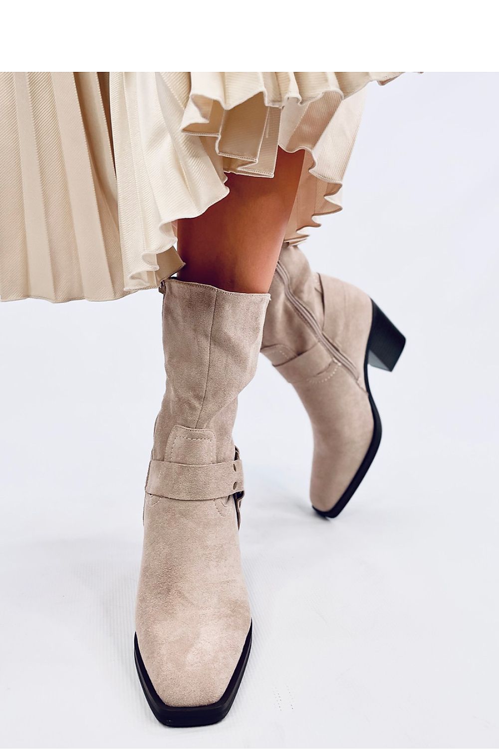 Chic Inello suede cowboy heel boots with a unique square toe and plush fur interior, ideal for fashionable women.