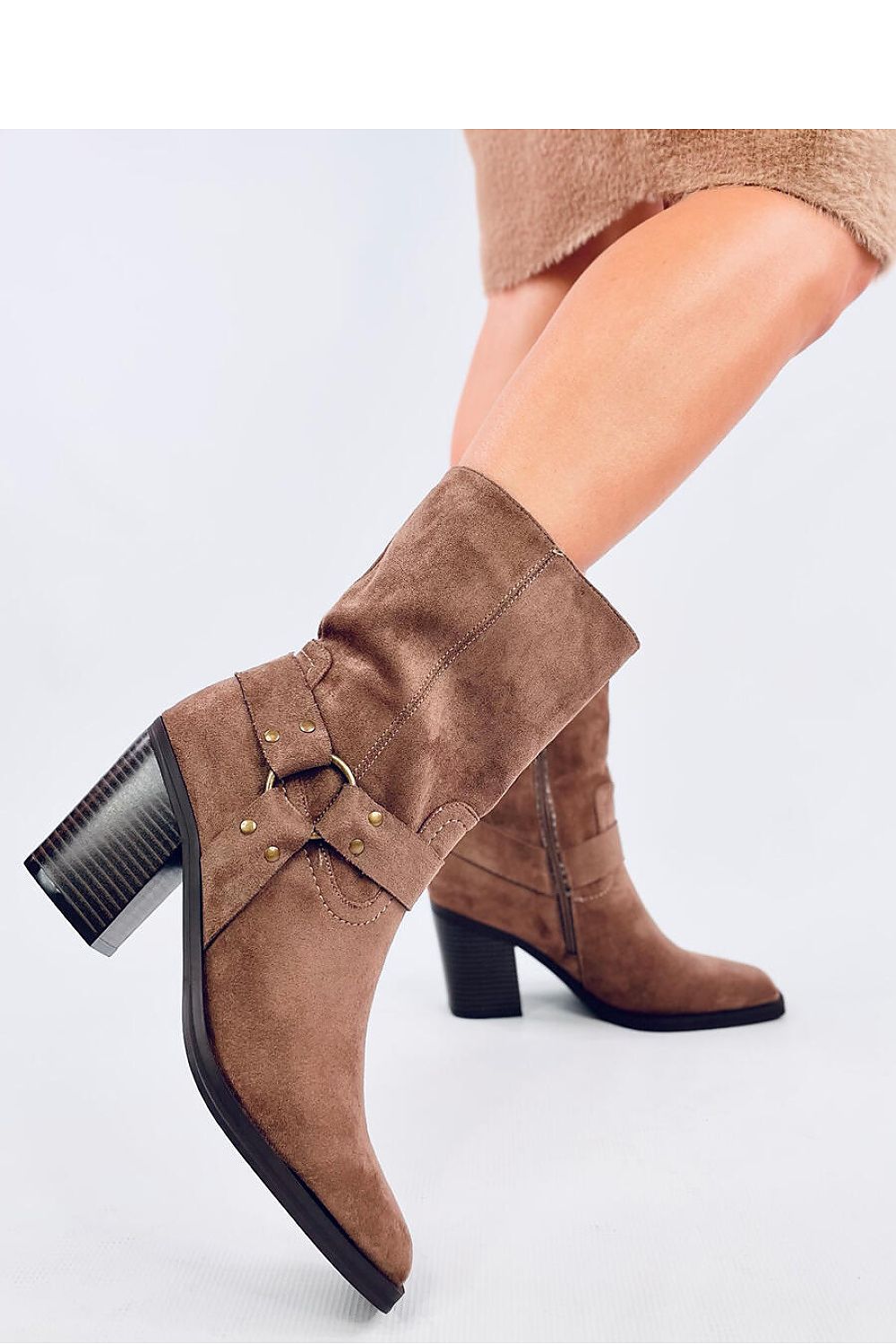 Sophisticated Women's Suede Cowboy Boots by Inello with distinctive square toe design, convenient zipper closure, and sumptuous soft fur interior, 9cm heel.