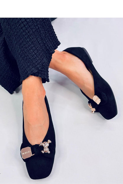Stylish Inello women's square-toe flats made from ecological suede, complemented by a playful teddy bear and gold bow, perfect for elegant casual wear.