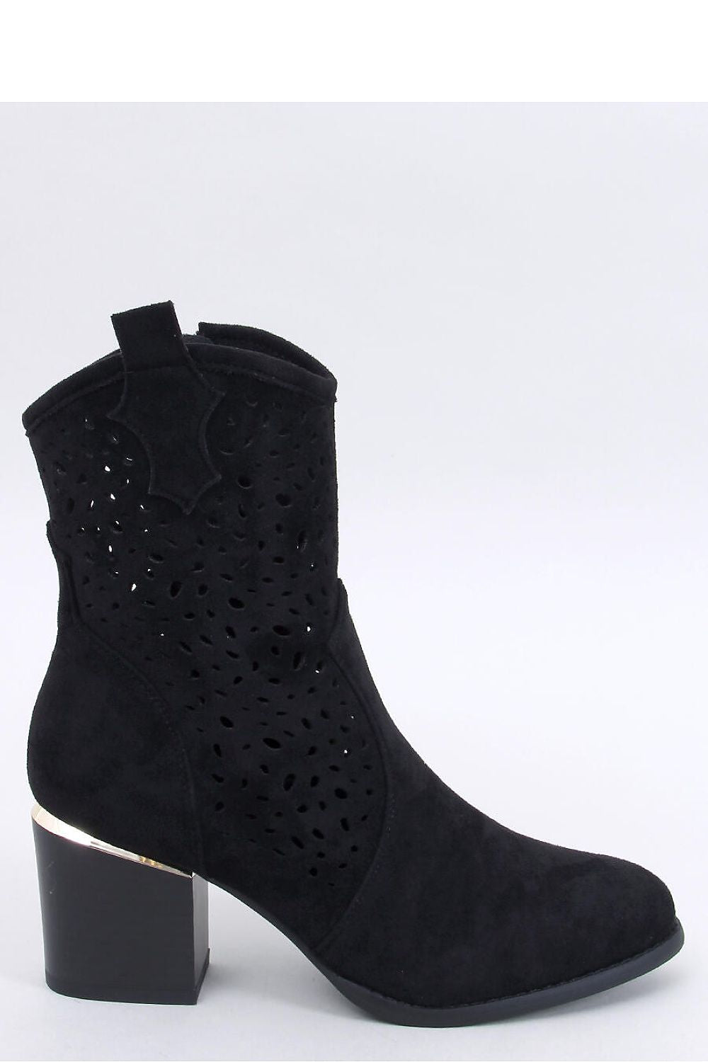 Elegant 7Cm heeled openwork boots in eco suede with gold insert by Inello, featuring a sophisticated cut-out design.