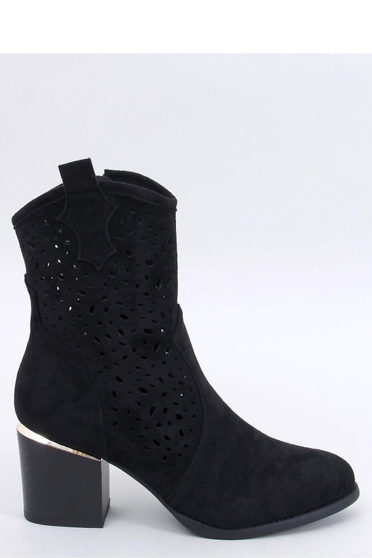 Elegant 7Cm heeled openwork boots in eco suede with gold insert by Inello, featuring a sophisticated cut-out design.