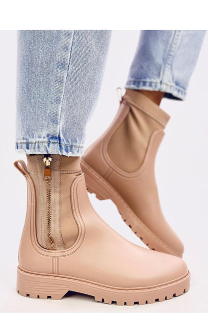 Elegant Women's Inello rubber Wellington boots in black featuring a stylish gold zipper, perfect for fashionable rainy days.