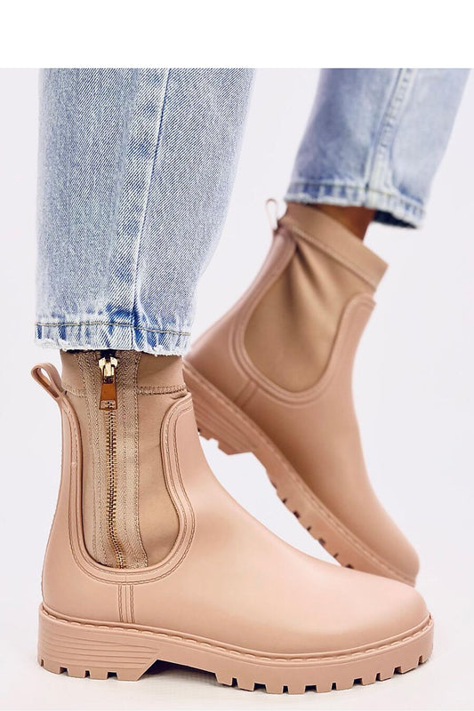 Elegant Women's Inello rubber Wellington boots in black featuring a stylish gold zipper, perfect for fashionable rainy days.