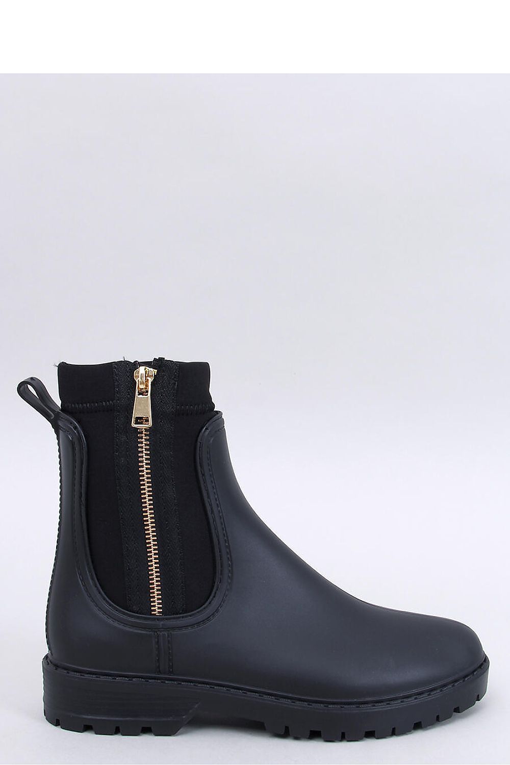 Elegant Inello women's rubber wellingtons featuring a chic gold zipper, ideal for fashionable rainy walks.