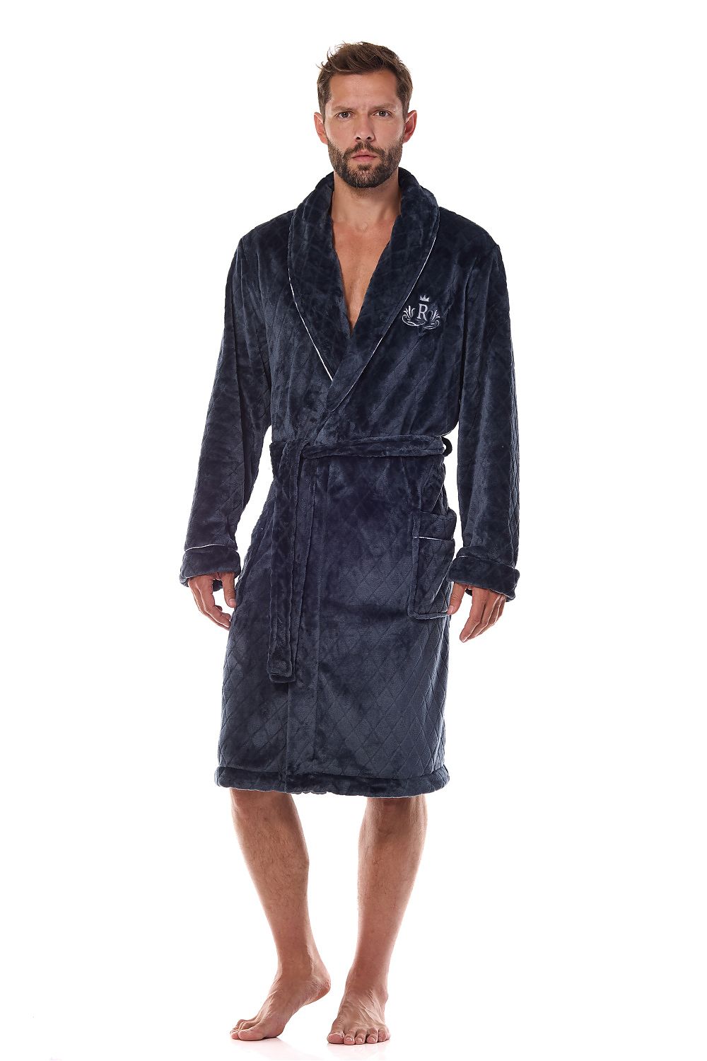 L&L Collection men's luxury bathrobe showcasing a quilted texture and elegant piping, perfect for stylish home relaxation.