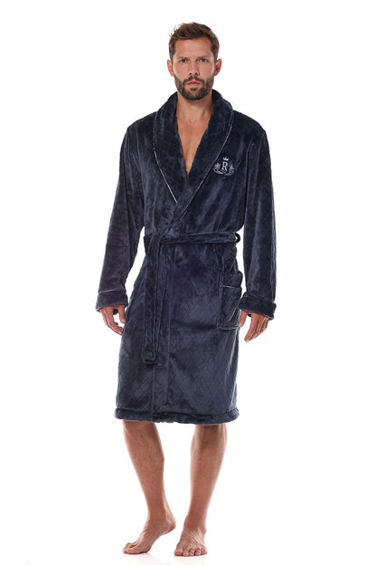 L&L Collection men's luxury bathrobe showcasing a quilted texture and elegant piping, perfect for stylish home relaxation.