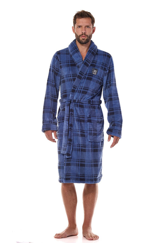L&L Collection Men's Luxury Bathrobe in elegant polyester, featuring stylish piping trim and sophisticated embroidery in a classic design.