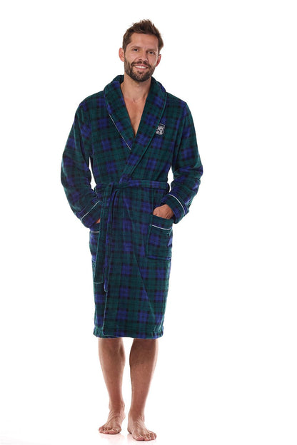 Luxury Men's Bathrobe by L&L Collection featuring embroidered chest, elegant piping trim, and practical pockets, displayed in an elegant pouch for a sophisticated gift option.