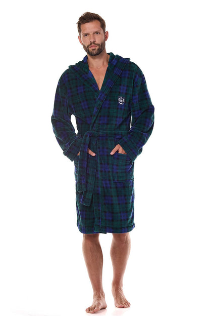 Luxury men's bathrobe by L&L Collection featuring elegant piping trim and embroidered chest, ideal for stylish comfort.