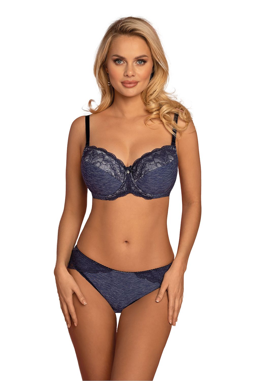Elegant navy blue mélange knit lace panties by Vena, showcasing exquisite craftsmanship and luxurious fabric design.