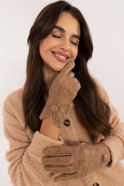 Elegant insulated women's gloves by AT featuring a decorative button, embroidered floral design on the index finger, and touchscreen capability, perfect for stylish winter wear.