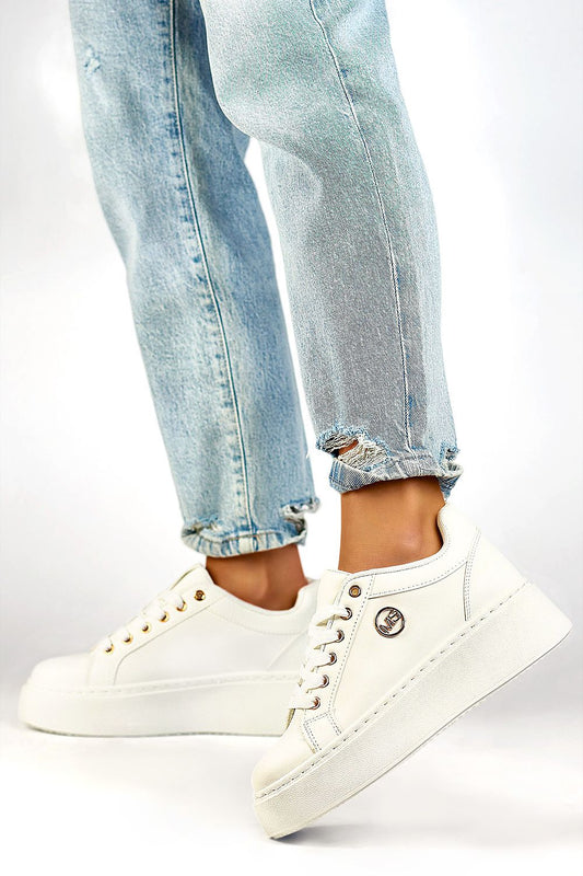 Elegant PRIMO women's eco-friendly white sport shoes with a 5.5cm platform and classic lacing, made from ecological leather, perfect for stylish everyday wear.