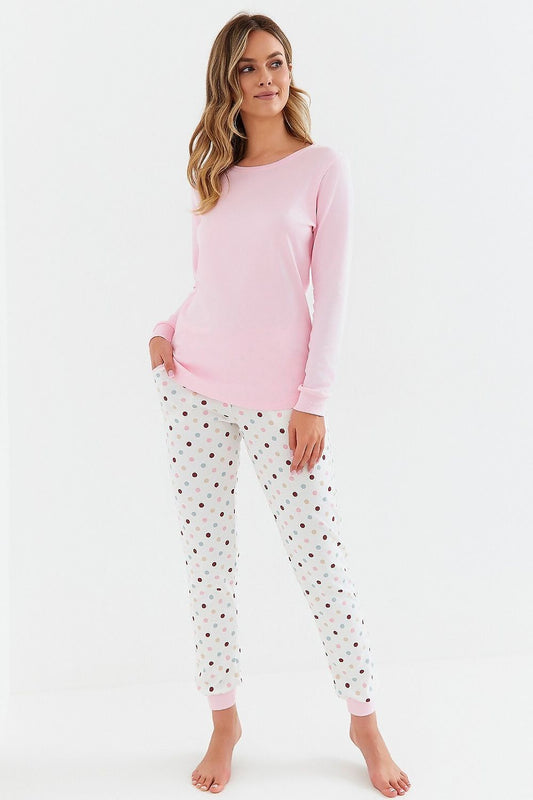 Luxurious women's interlock cotton pyjamas set by Cana featuring a long sleeve blouse with a semi-circular neckline and stylish printed pants with pockets.
