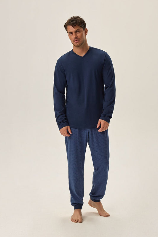 Luxurious Henderson men's cotton knit pajama set in navy blue, featuring long sleeves and legs for optimal comfort during cooler nights.