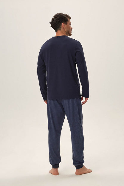 Stylish Henderson navy blue pajama set made from breathable cotton knit, designed for a perfect fit and a sophisticated look.