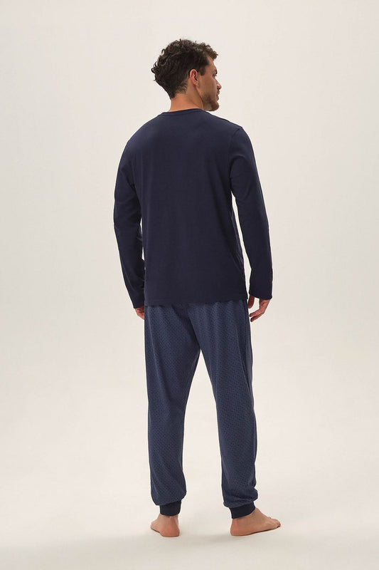 Stylish Henderson navy blue pajama set made from breathable cotton knit, designed for a perfect fit and a sophisticated look.