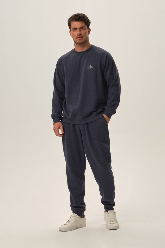 Luxurious Henderson navy blue cotton-blend tracksuit set featuring a comfort fit sweatshirt and long pants, ideal for stylish everyday wear.