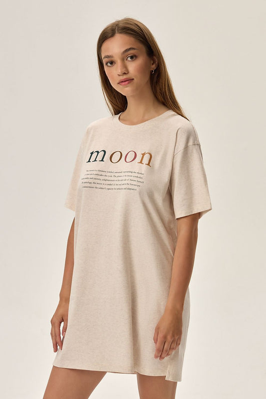 Luxurious Fune Cosmo Nightgown by Henderson in soft beige with celestial moon motif, featuring a classic T-shirt cut design for ultimate comfort.