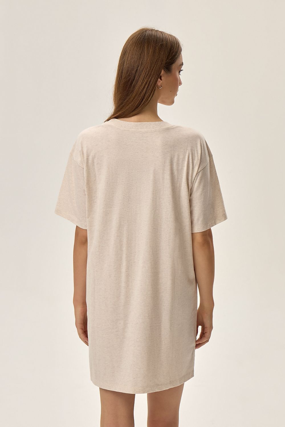 Luxurious Fune Cosmo Nightgown by Henderson, featuring a celestial moon motif on a soft beige T-shirt cut, crafted from a comfortable cotton blend fabric.