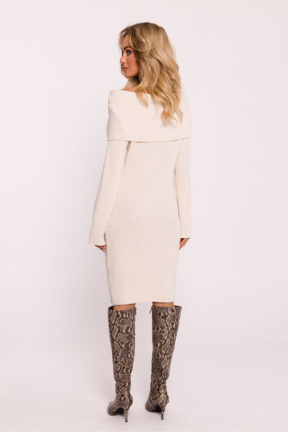 Casual yet chic styling options of the Moe long-sleeved ribbed sweater dress, showcasing its elegant wide high collar.