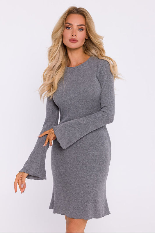 Elegant long-sleeved daydress by Moe in ribbed cotton knit, showcasing a figure-hugging silhouette and sophisticated style, perfect for any occasion.