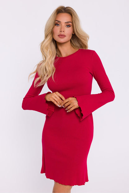 Elegant Ribbed Cotton Knit Long-Sleeved Daydress by Moe, showcasing a figure-hugging fit and classic style, perfect for sophisticated occasions.